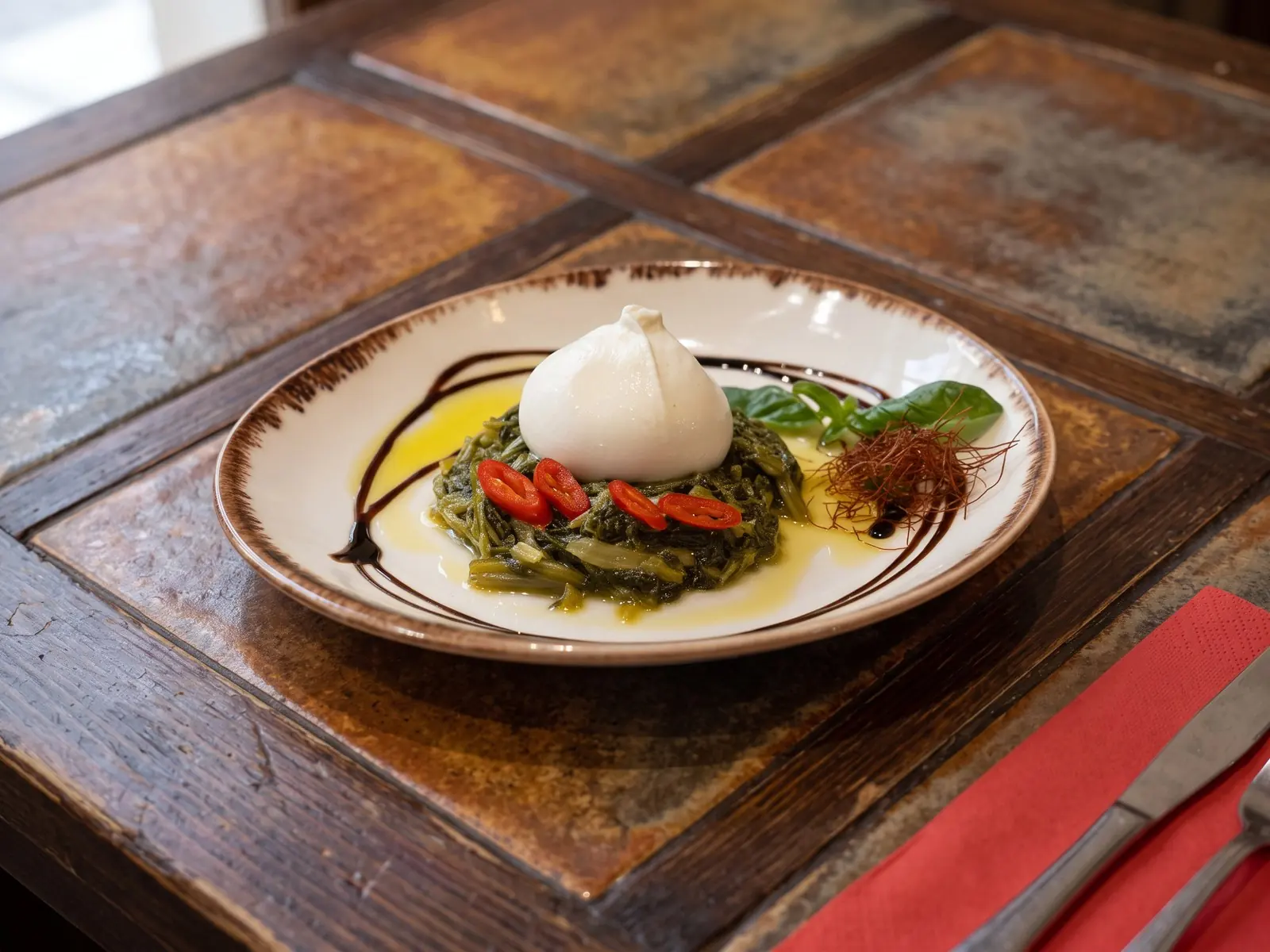 Burrata na ciepłych friarielli z czosnkiem i chili — antipasto w Bottegas Warszawa
