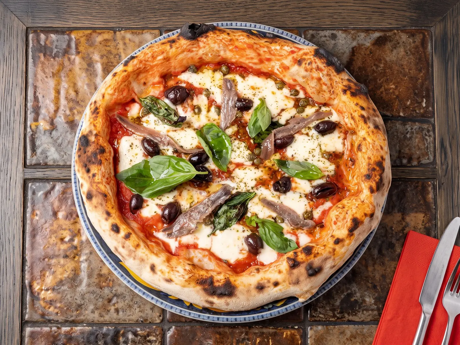 Alici in Paradiso pizza with anchovies, olives, capers and oregano on San Marzano tomatoes — Bottegas, Warsaw