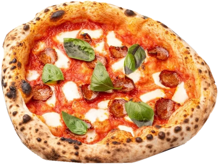 Pizza Diavola con salame piccante, mozzarella e basilico, cornicione alto e maculato — pizza napoletana contemporanea, Bottegas Varsavia