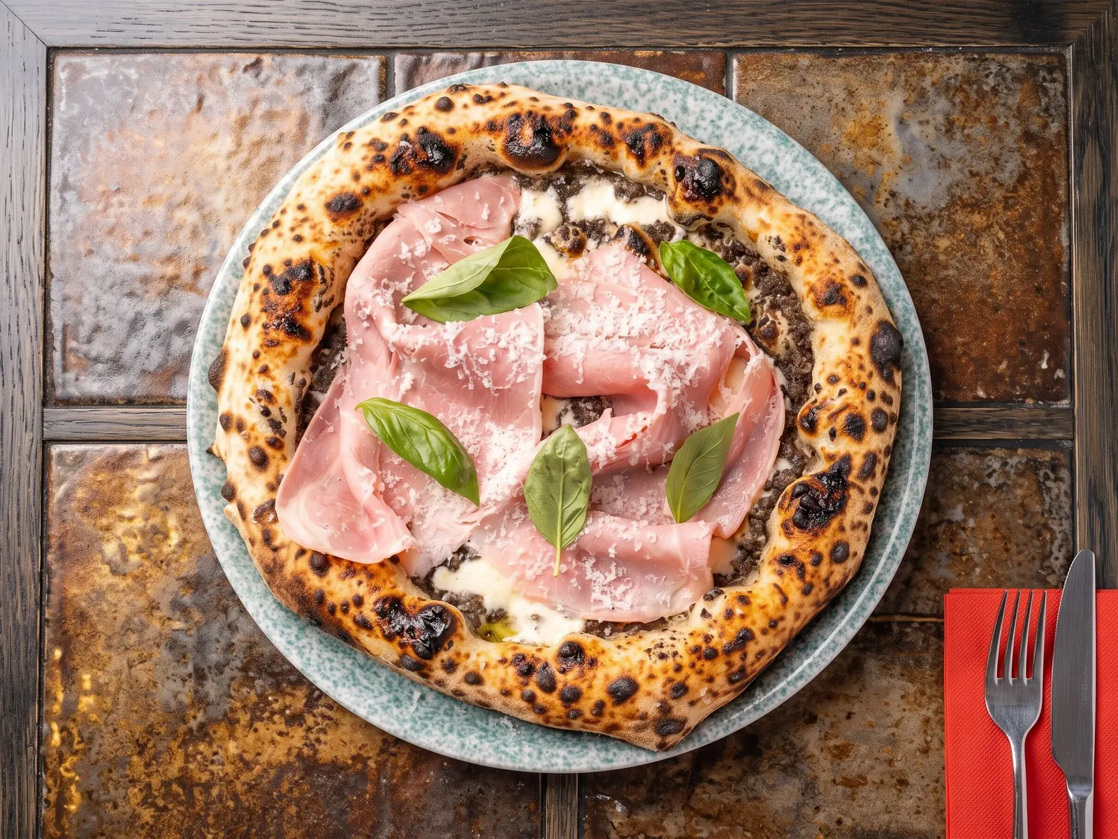 Pizza Truffle Delight z sosem truflowym, szynką gotowaną i płatkami sera truflowego — Bottegas Warszawa
