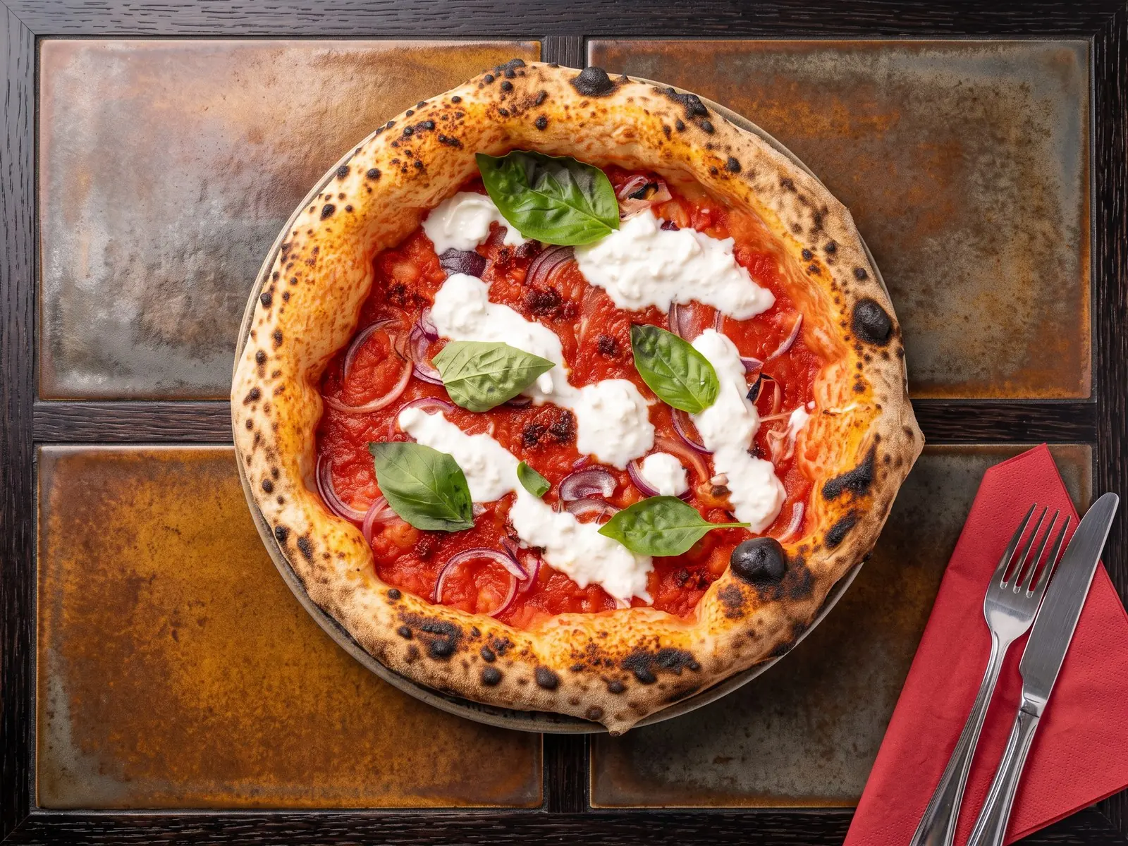 Pizza Vibrant Vesuvio z 'ndują z Kalabrii, czerwoną cebulą, stracciatellą i bazylią — Bottegas Warszawa