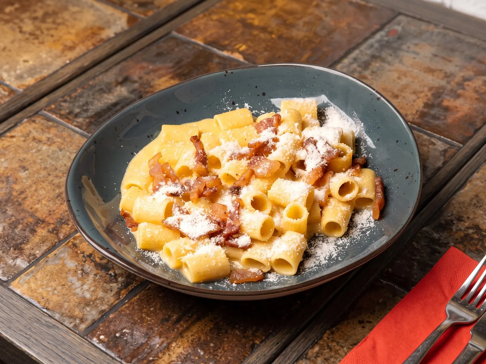 Rigatoni alla carbonara con guanciale croccante, tuorlo e pecorino romano DOP — senza panna, Bottegas Saska Kępa, ul. Francuska 24