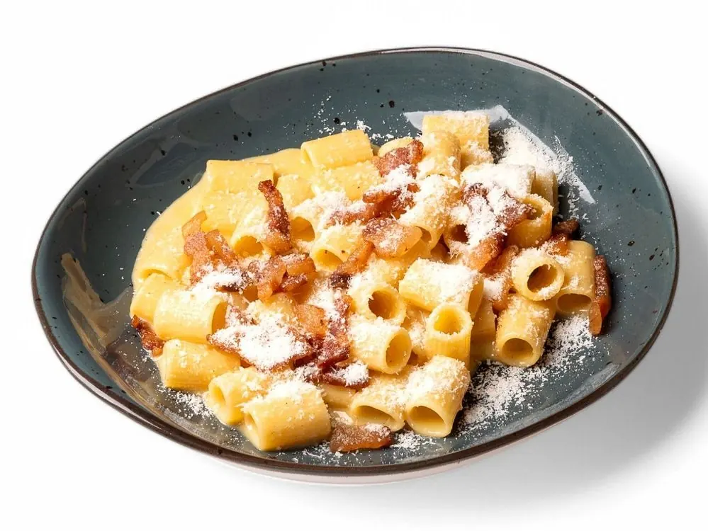 Rigatoni alla carbonara con guanciale, tuorlo e pecorino romano DOP — senza panna, come a Roma
