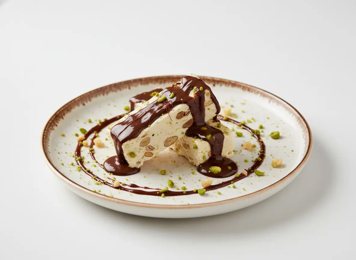 Semifreddo z orzechami, polane czekoladowym kremem, posypane pistacjami — Bottegas