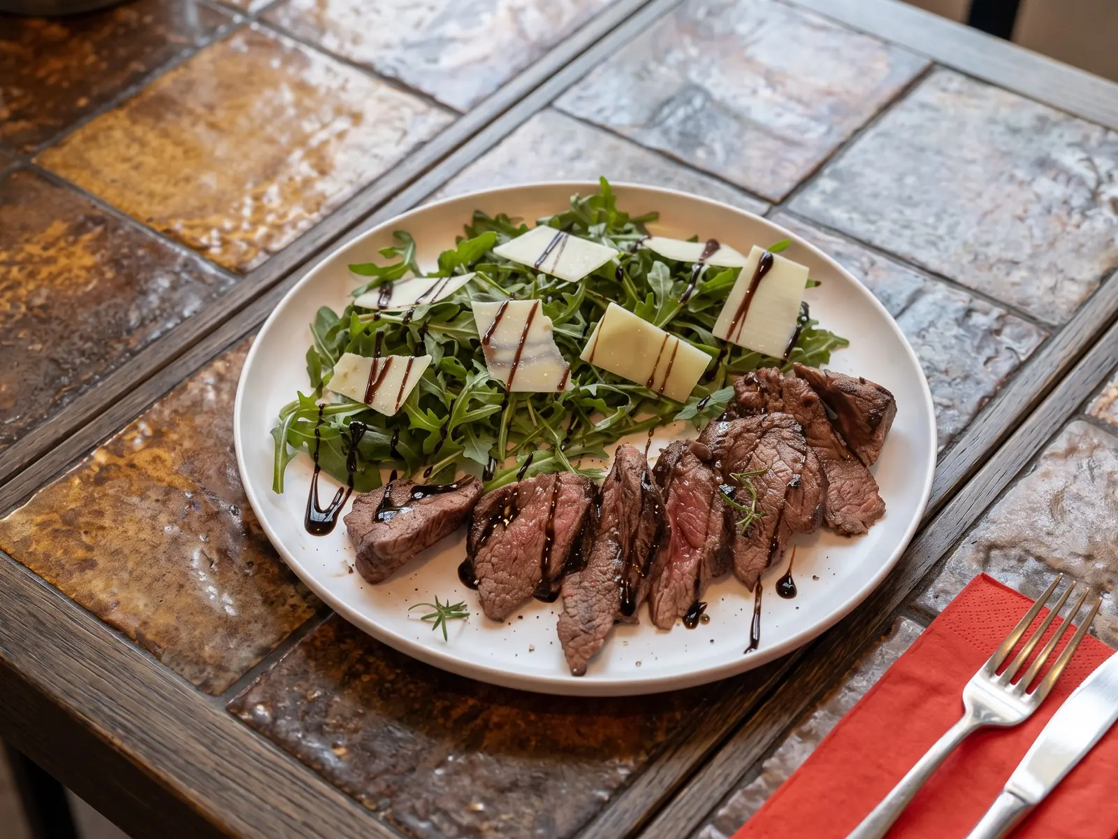 Tagliata di Manzo — polędwica wołowa z grilla krojona w plastry, z rukolą, parmezanem i balsamico — Bottegas Warszawa